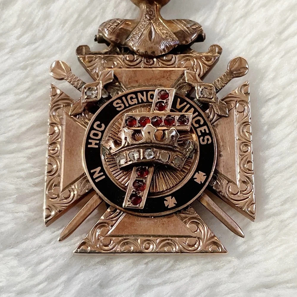 Antique 10K Gold Knights Templar Jeweled Pendant – Garnet Diamond Cross Masonic
